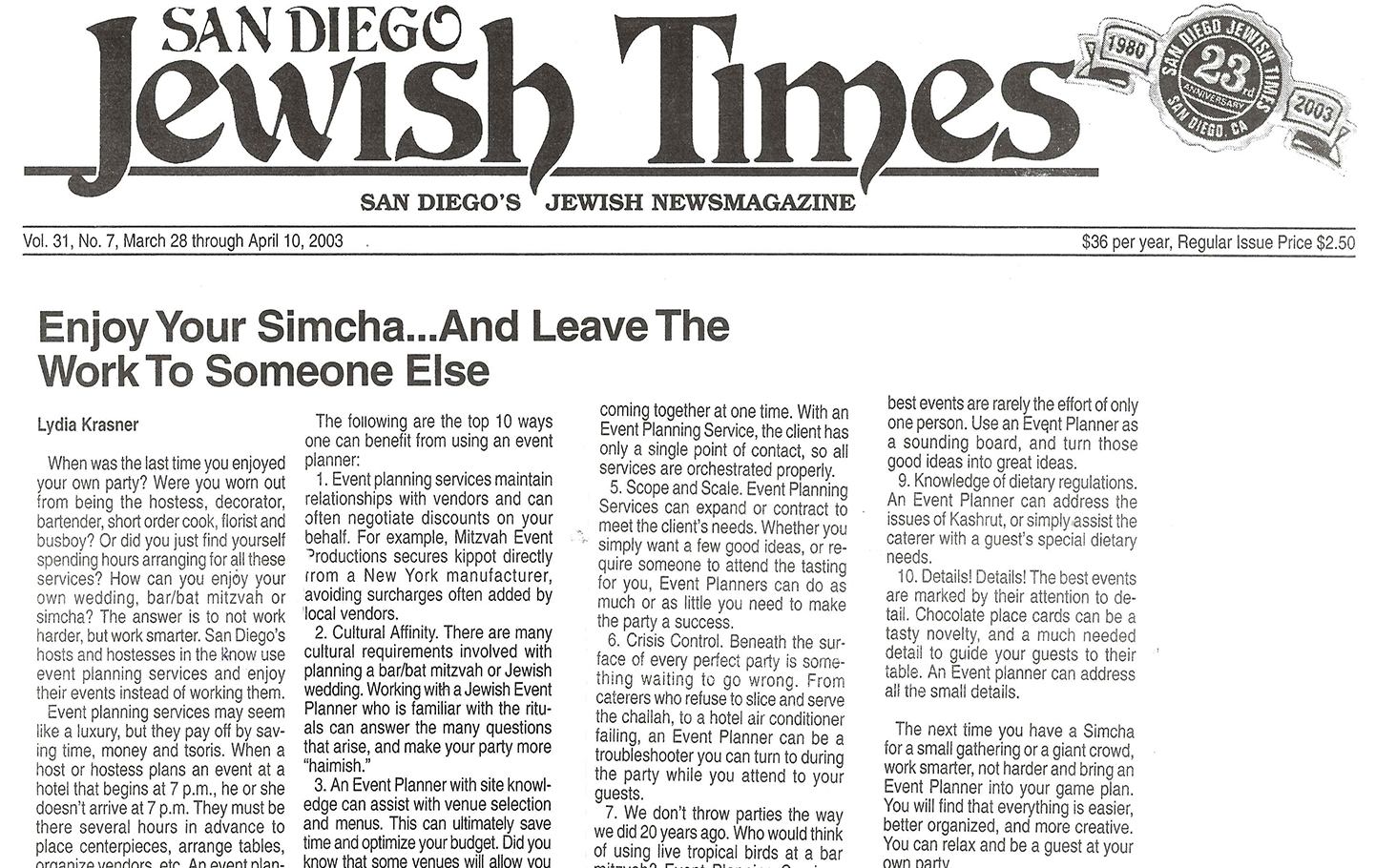 Ad Jewish Times Enjoy Your Simcha 2003 PDF